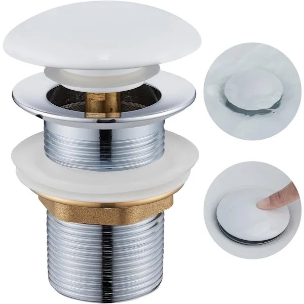 Överfyllningsavlopp för tvättställ, pop-up avlopp med keramiskt lock, universellt avlopp för tvättställ och toaletter G1 1/4", vit