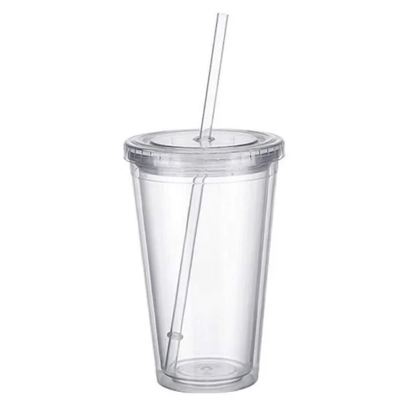 Isolert Dobbeltvegg Plastkopp med Lokk & Sugerør, 500ml, Klar. Massebestillinger Tilgjengelig, Kontakt for Pris.[JUN]