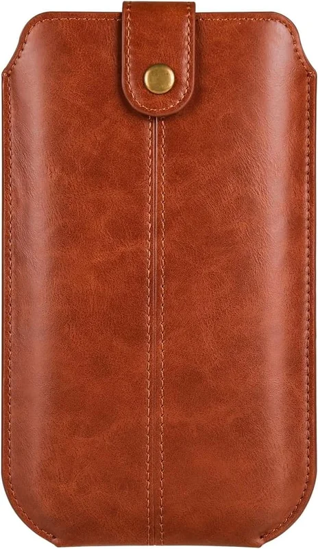 Leather Smartphone Pouch with Belt, Men's Mobile Phone Bag with Belt Clip, Vertical Leather Cell Phone Holster with Card Holder and Belt Loop Brown