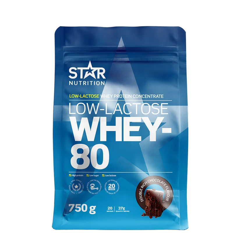 Laktosefri Proteinpulver Star Nutrition Whey-80 Low Lactose 750 g, Double Rich Chocolate - Bodyman.dk