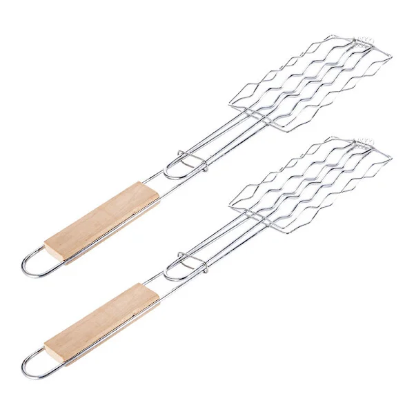 2 stk. Anti-skoldning Træhåndtag Fisk Camping Grill Kurv Picnic Grill Tilbehør Pølse Non-Stick Grill Madlavning Redskaber