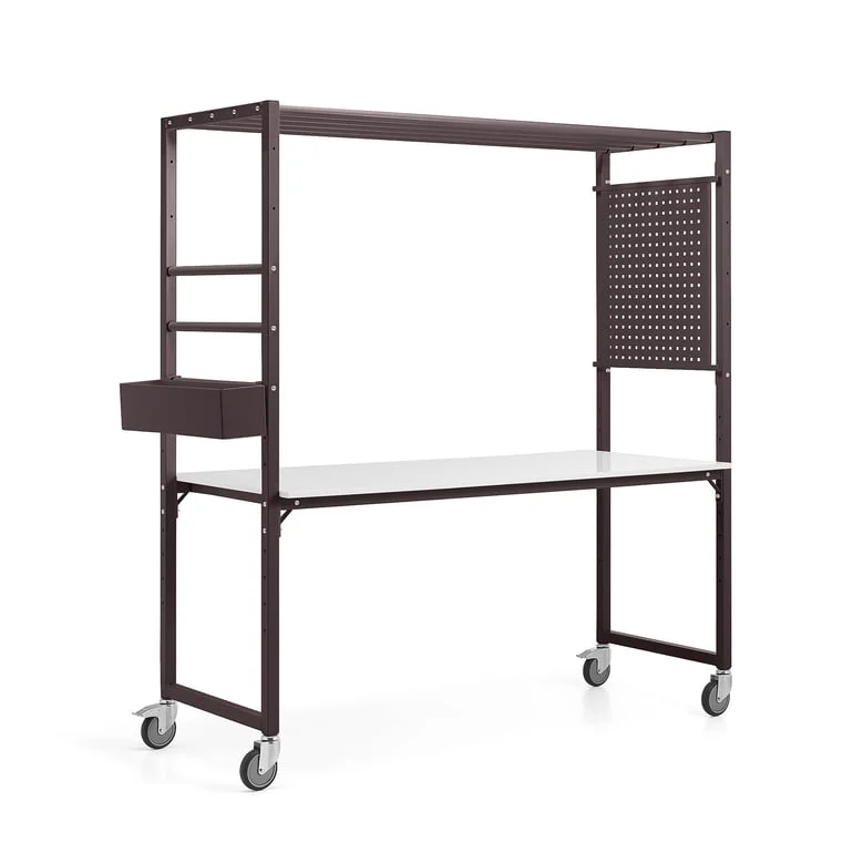 Mobile multi-table TEAMWORK, accessory box, tool panel, burgundy, whiteboard table top