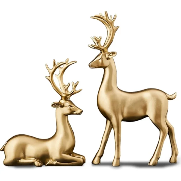 Gold Deer Home Decor Set of 2, Resin Deer Figurine Decorations for Living Room, Modern Deer Sculptures for Coffee Table
