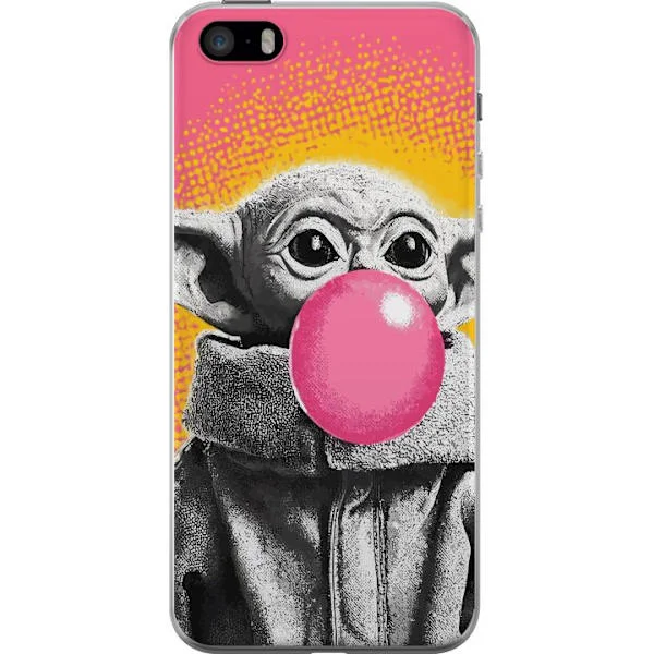 Kompatibel Mobilcover til Apple iPhone SE (2016) Farverigt portræt af Grogu med en lyserød tyggegummi boble i en legesyg popkunst stil