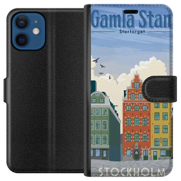 Kompatibelt Lommeboketui til Apple iPhone 12 mini Illustrert bypanorama med fargerike hus og klassisk miljø fra Stockholm