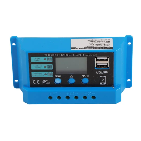 Solarladeregulator 12V 24V Batteri Solcellepanel Laderegulator for Hjem Bobil 30A