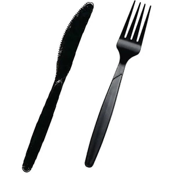 200 stk. sett med svart plastbestikk av førsteklasses kvalitet | 100 gafler + 100 kniver | Gjenbrukbart kraftig plastbestikk til fester, 