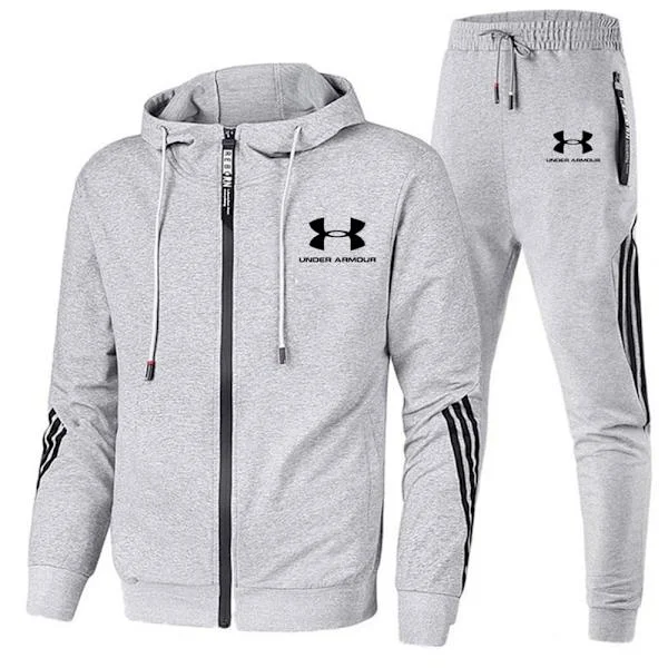 Herre Under Armour Sport Hættetrøje & Buksesæt Langærmet Fuld Lynlås Hættetrøje Sweatshirt Jakke + Joggingbukser Træningsbukser Outfit Grå Grå{FY} Grå