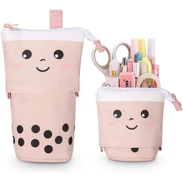 Teleskooppinen penaali, koulun penaali vetoketjulla, 2-in-1 seisova penaali, Kawaii penaali (vaaleanpunainen)