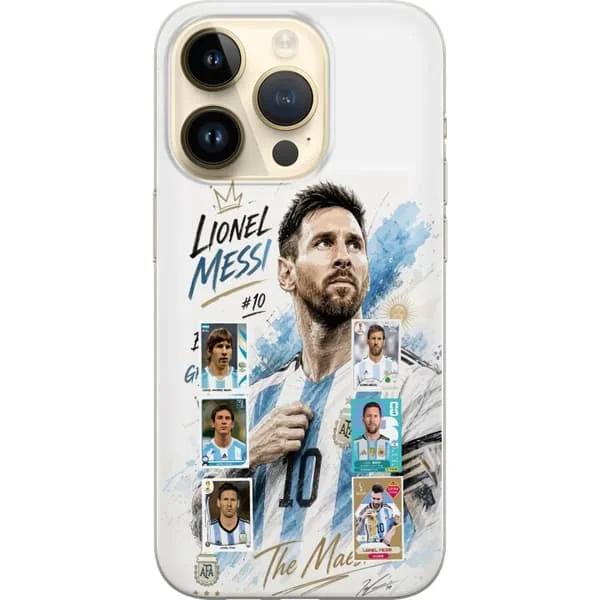 Kompatibelt Mobilskal till Apple iPhone 15 Pro Lionel Messi med argentinska färger och klassiska samlarkort i collage