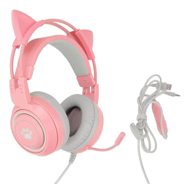 SYG25 Katteøre Gaming Headset USB 3.5mm Stik Volumenkontrol Mikrofon Lydløs Pink