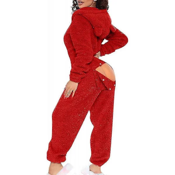 Sexiga vuxen-onesie-pyjamas för kvinnor med baklucka, fleecefodrad onesie med huva, fluffiga dam-nattkläder, Black Friday