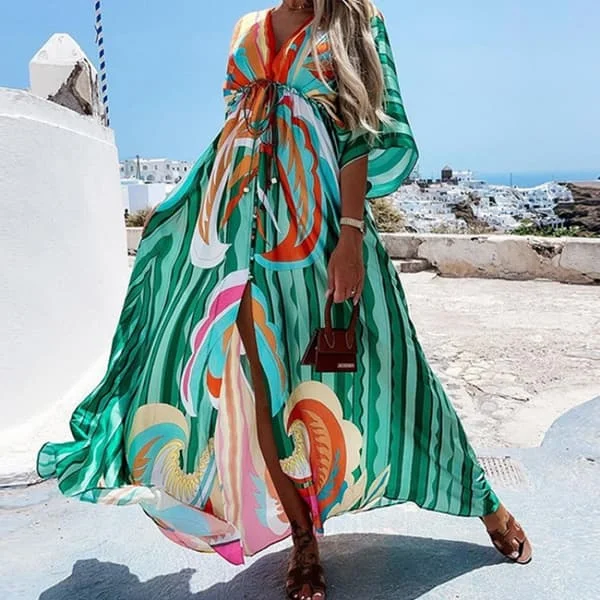 Sommar Maxiklänning för kvinnor Boho-tryck Bikini Cover Up Strandklänning Sexig Blommig Tunika Lång Klänning Baddräkt Vestido Feminino