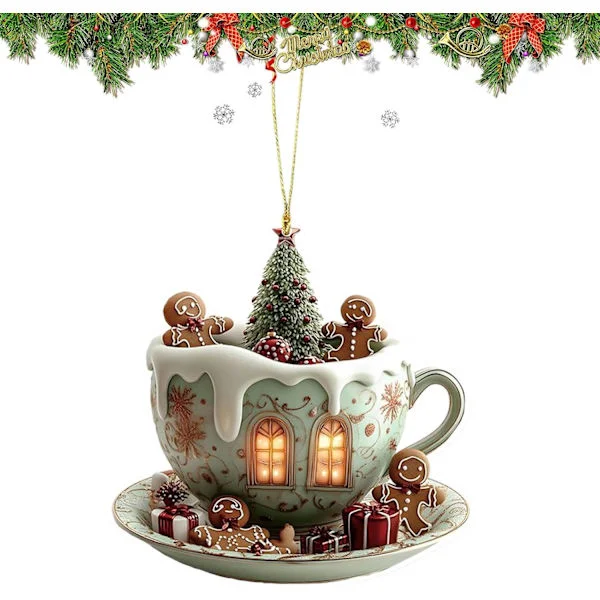 Juletrepynt - Juletrepynt - 2D Akryl Snøhus Anheng i Kaffekoppform for Hjem, Kontor, Bibliotek, Veske