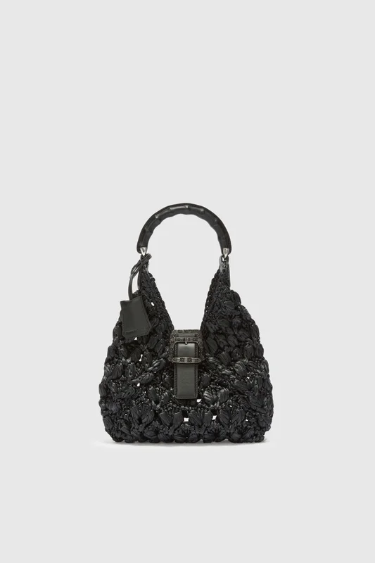 Ermanno Scervino Mini Clio bag in rafia nera con maniglia bamboo