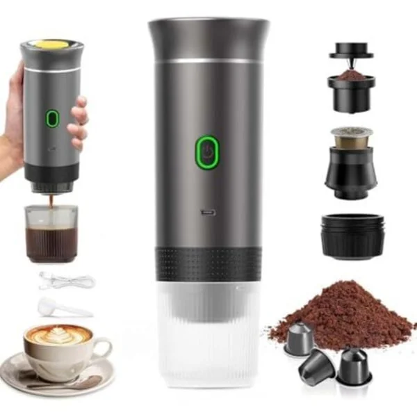 3-i-1 Bærbar Kaffemaskin – 12V Oppladbar Espressomaskin – Kompatibel med Kapsler og Malt Kaffe – USB Type-C Lading