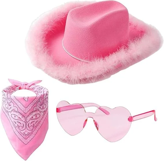 Pink Cowboy Hat Sæt Pink Frynset Cowgirl Hat med Hjertebriller og Pink Bandana til Kvinder Piger Perfekt Western Cowgirl Cosplay Kostume