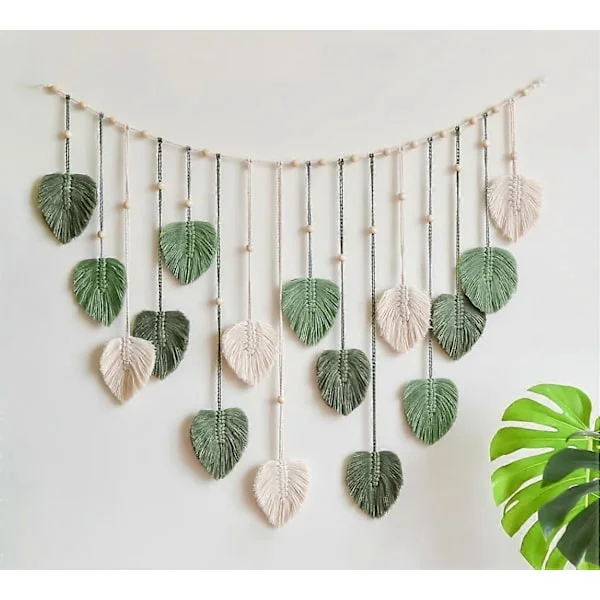 Macrame Woven Wall Hanging Boho Woven Leaf Tapestry Large Green Leaf Wall Decor Chic Home Decor Handmade Feather Wall Art for Bedroom 120x74 cm