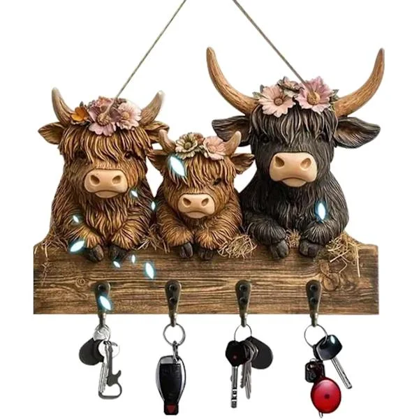Kroker - Nøkkelringholder - Highland Ku Design - Veggnøkkelholder - Nøkkelkroker - Knaggrekke med 4 kroker - Kuformet veggdekorasjonshylle egnet