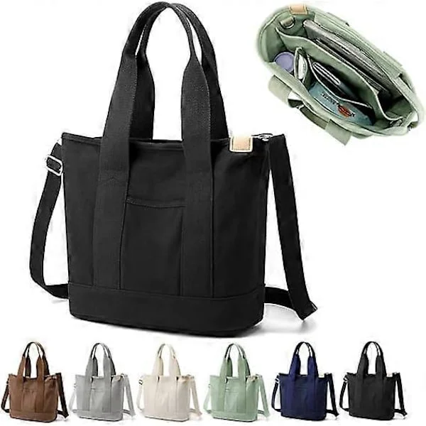 Flerlommet Tote Bag med Glidelås, Håndlaget Canvas Håndveske med Rom, Multifunksjonell Satchel Bag for Kvinner Damer Universitet Skole Arbeid Reise