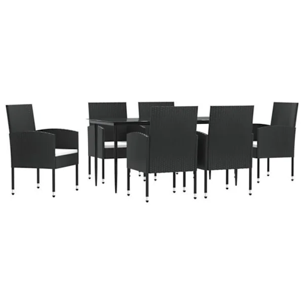 Have dining ensemble - Black - 6 chairs and 1 table - Woven resin and steel - Comfortable and stylish