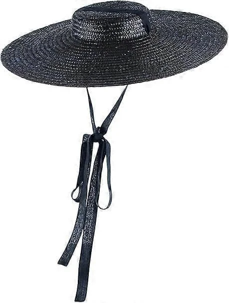 Dame Vintage Stråhat med Flad Top og Bred Skygge, Floppy Derby Stråhat Strand Solhatte, 801C