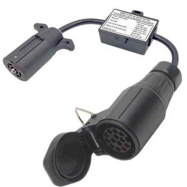 Adapter for tilhengerlys fra USA til Europa, 7-polet flatkontakt (US-kjøretøy) til 13-polet rundkontakt (EU-tilhenger)