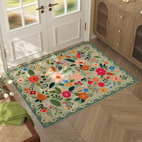 60 cm dörrmatta för inomhusbruk, maskintvättbar, bohemisk blommig stil, halkfri, låg luggmatta, lämplig för hallar och kök (beige)