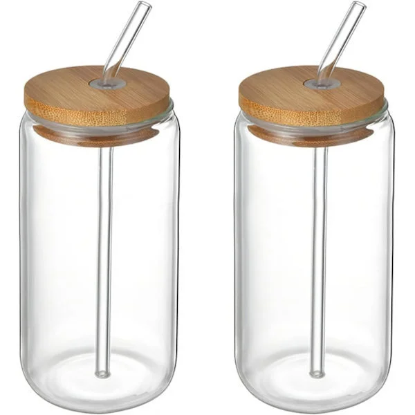 2 Drinking Glasses with Bamboo Lids and Straws, Beer Glasses for Iced Tea, Coffee, Iced Water, Cocktail (500 ml)