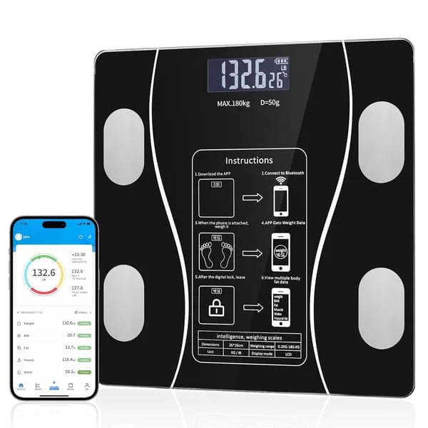 Smart vekt, Bluetooth Smart kroppsfettvekt, måler nøyaktig vekt, kroppsfettprosent, muskelmasseprosent, BMI og andre kroppsmålinger
