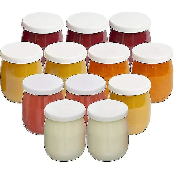Sæt af 12 Glas Yoghurtglas med Lækagesikre Låg Fremstillet i Frankrig Til Yoghurtmaskiner Multikogere og Food Processors (Thermomix, Seb, osv) (FMY)