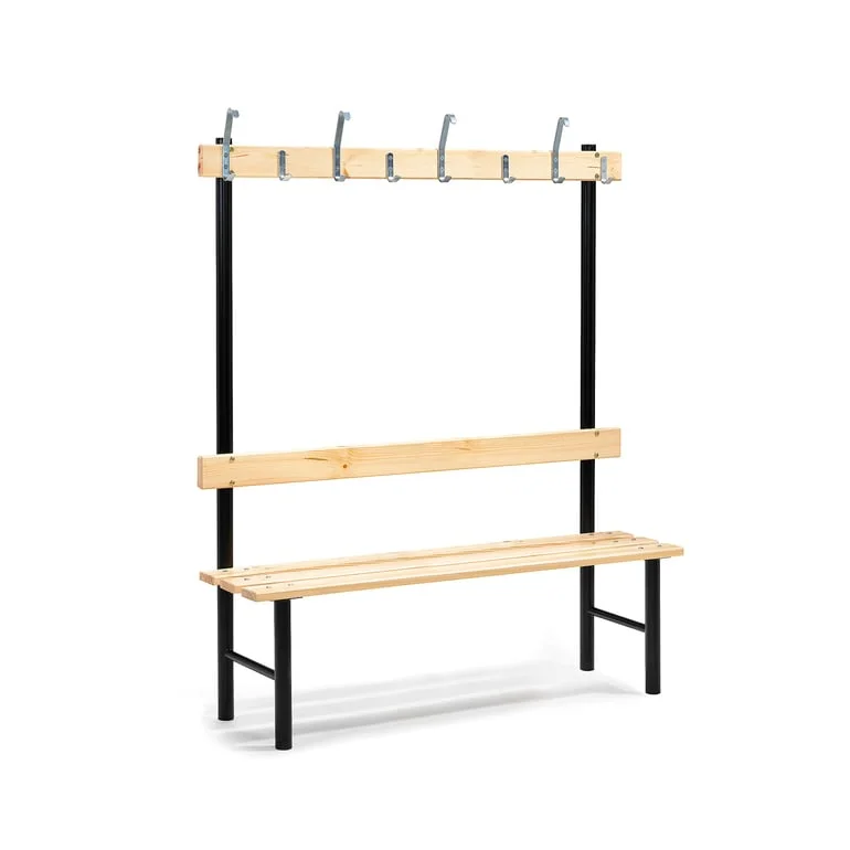 Single bench STADIUM with hook rail, 1500x400x1600 mm, 8 hooks