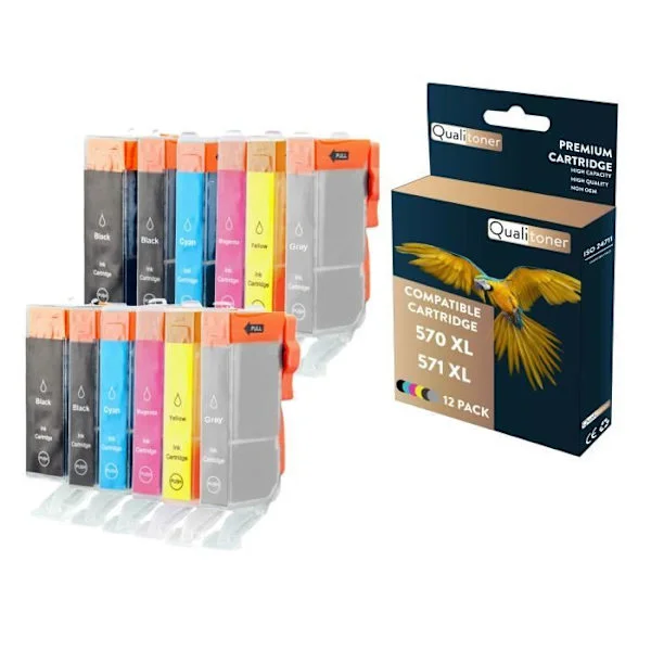 QUALITONER - 12 yhteensopivaa kasettia CANON 570 XL - 571 XL 570XL - 571XL Musta (x2) + Syano (x2) + Magenta (x2) + Keltainen (x2) + Ph