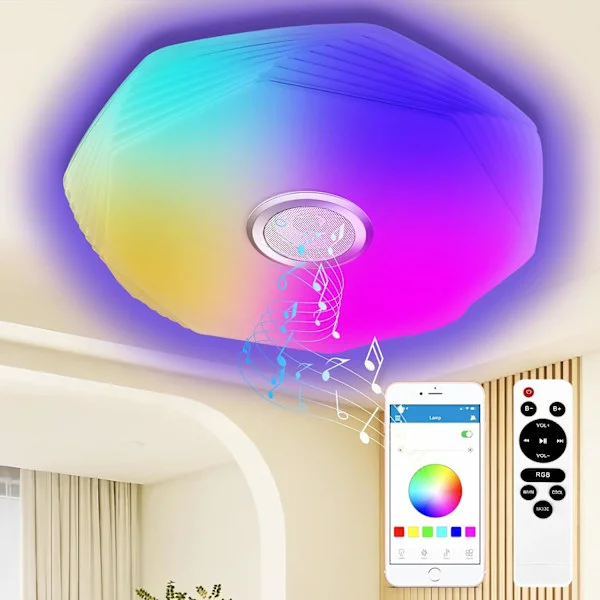 (SC) 48W dimbar LED-taklampe med Bluetooth-høyttaler, Ø39cm RGB Bluetooth-taklampe med fjernkontroll og appstyring, LED-musikalsk taklampe for