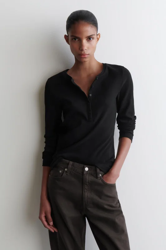 COS Women's Long Sleeve Henley Top in Black