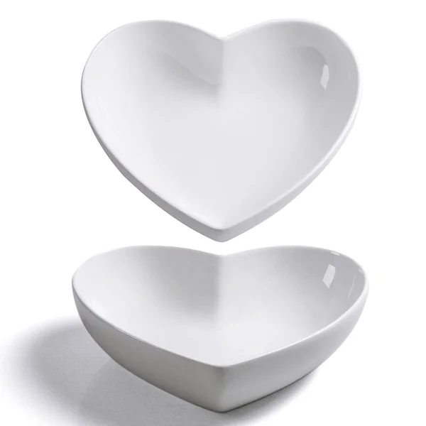 Stora hjärtformade skålar 2 st porslin vit hjärtformad skål för desserter/sallad/frukt/pasta eller romantisk middag, 23 cm