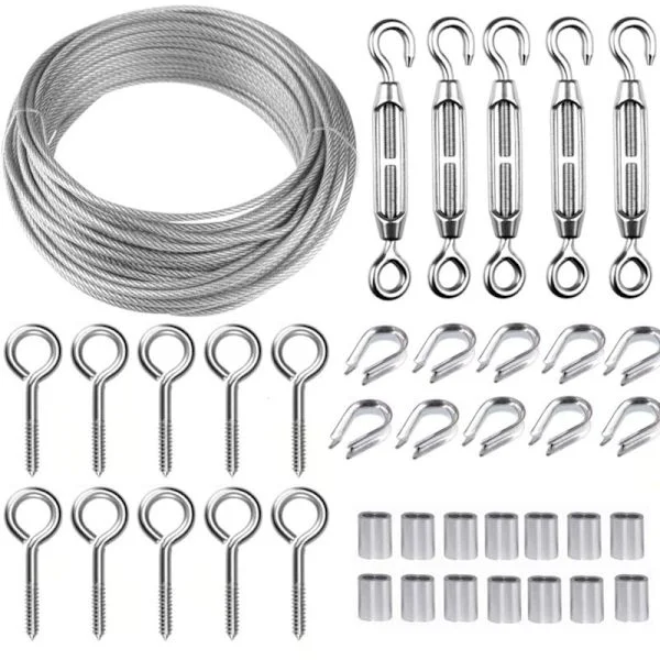 30M/2mm Rustfritt Stål Wire Kit med M5 Strammer for Planter, Klessnor, Rekkverk