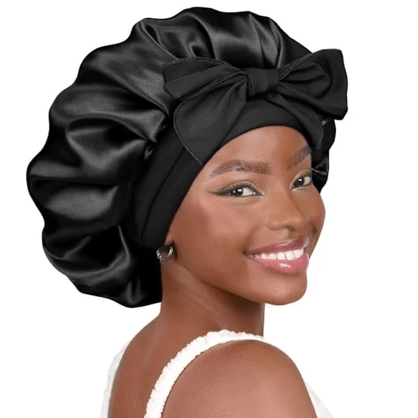 Satin Bonnet Silke Bonnet til Søvn Dobbelt Lagdelt Satinforet Hår Bonnet Med Bindebånd Bonnets til Kvinder Naturligt Krøllet Hår Sort