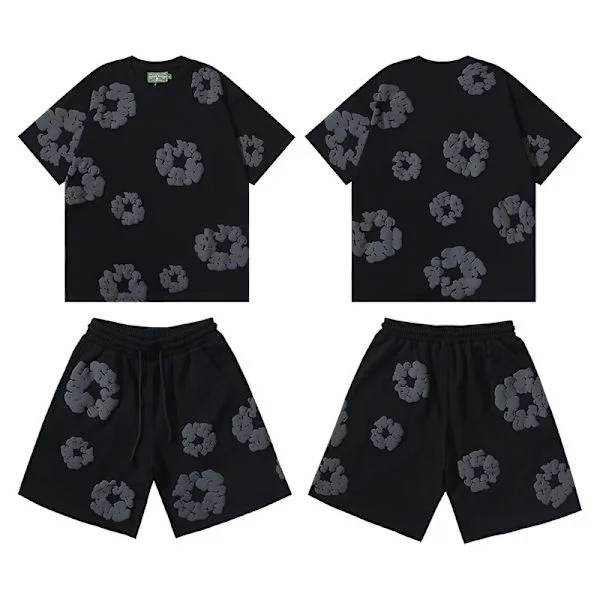 Denim Tears Sommar Shorts Set miehille, Hip-Hop Lyhythihainen Shorts Set - Musta 1, Koko S Musta 1-FO-
