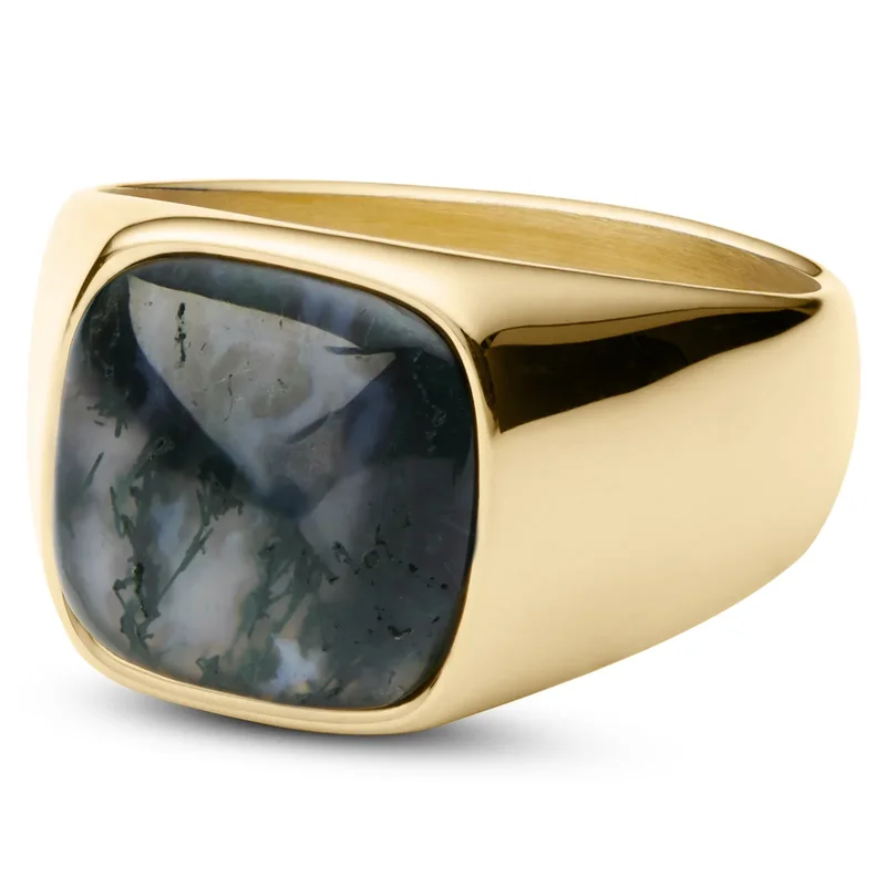 Aras | Gold-tone Moss Agate Pinky Signet Ring for Men - Rings with stones