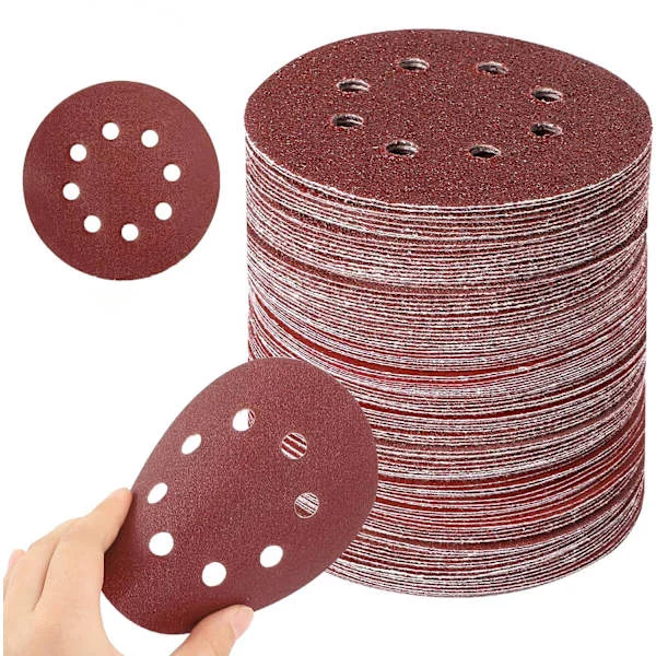125 mm slipepapir, 60 stk 8-hulls slipepapir for eksenterslipere, 10 P40, 10 P60, 10 P80, 10 P180, 10 P240, 10 P320
