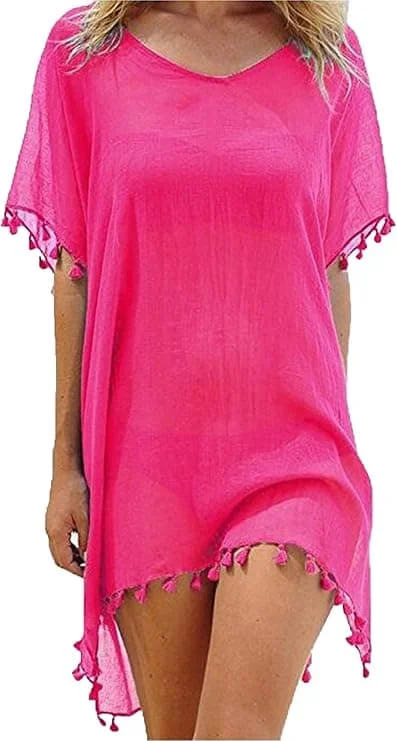 Women's Beach Dress Summer Dress Bikini Cover Up Summer Swimwear Long Shirt Tunic Beach Poncho Fringed Sexy Chiffon Beach Blouse Women