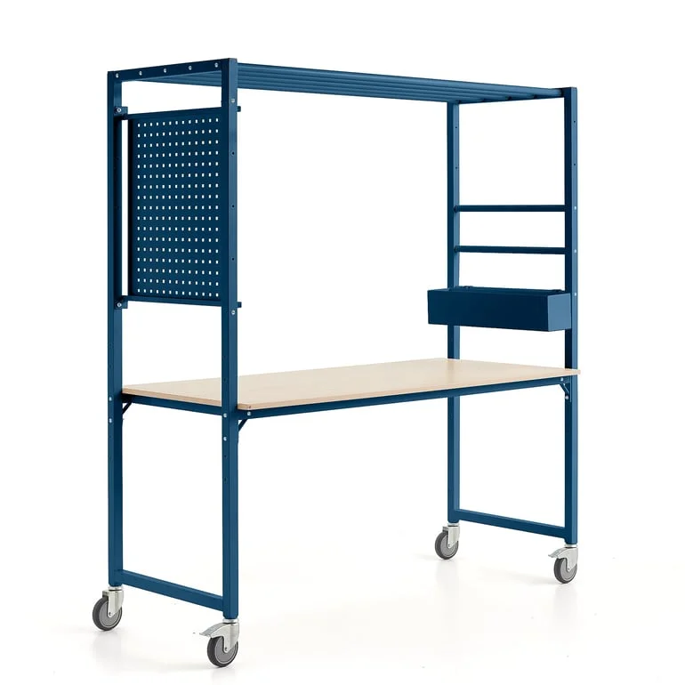 Mobile multi-table TEAMWORK, accessory box, tool panel, blue/birch