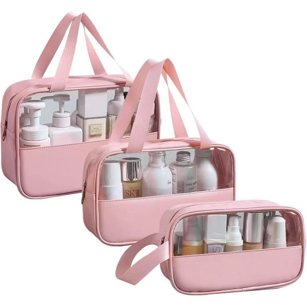 Transparent Toiletry Bag 3 pcs, Waterproof PVC Wash Bags Set, Large Capacity Makeup Bag with Handle, Cosmetic Bag for Travel