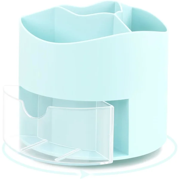 Rotating Pen Holder, 4 Compartment Pen Holder - Desk Storage for Office Supplies, Makeup Brushes for Home and Office, Pen Organizer (Blue)