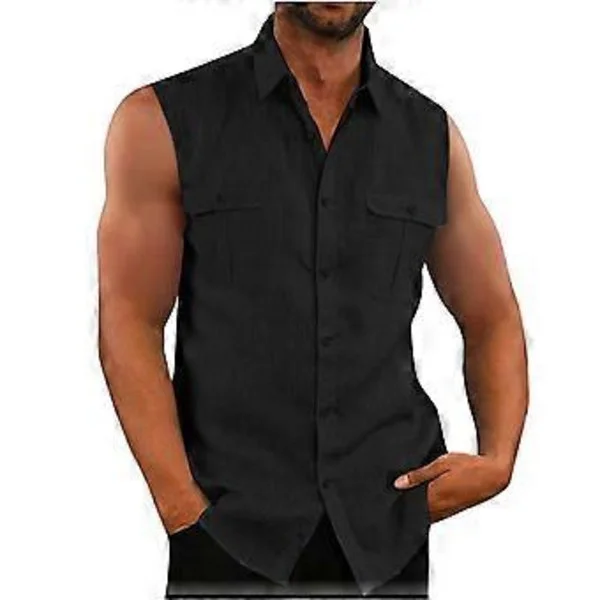 Men's Sleeveless Double Pocket Cotton Linen Shirt, Comfortable and Breathable Men's Tank Top (XXL Black)