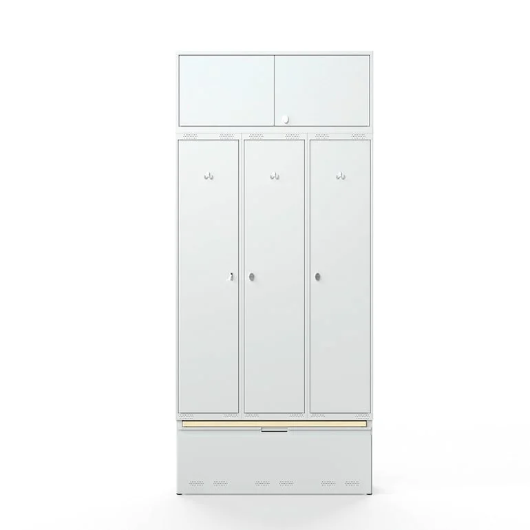 Garderobeskap, 3 seksjoner, overskap, uttrekkbar skuff med sittebenk, H2740 B1200 D550 mm, grå