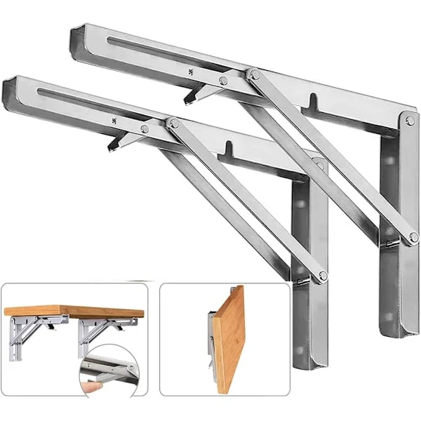Sammenleggbare hyllebraketter, maksimal belastning 136 kg, kraftige sammenleggbare veggmonterte hyllebraketter i rustfritt stål for bord, 2-pakning (2
