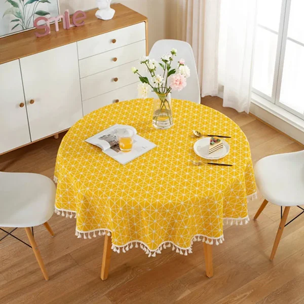 120 cm duk med dusker, rund duk laget av polyesterbomull, til spisebord, salongbord, hagebord (gul)