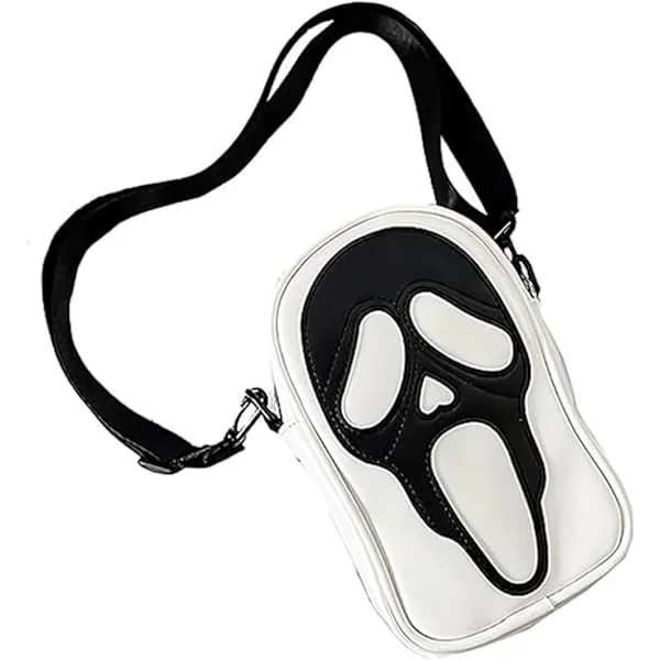 Shoulder Bag, Halloween Ghost Bag, PU Leather Phone Bag, Gothic Skull Face Crossbody Bag For Women Men white